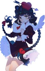 Rule 34 | 1girl, absurdres, arrow (projectile), arrow through heart, arutera, bad id, bad twitter id, black hair, black shirt, black skirt, blush, braid, braiding hair, broken heart, commentary, green eyes, hairdressing, hat, heart, highres, holding, holding letter, legs together, letter, light rays, long hair, looking at viewer, original, shirt, simple background, skirt, solo, standing, sticker, translation request, twin braids, wings