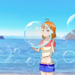 Rule 34 | 1girl, air bubble, aqua bow, artist name, artist request, bikini, bikini under clothes, blue pants, blue shorts, blue sky, blush, bow, braid, breasts, bubble, clothes writing, cloud, collarbone, day, earrings, female focus, hair bow, heart bubbles, highres, jewelry, looking at viewer, love live!, love live! school idol festival, love live! sunshine!!, ocean, orange hair, outdoors, pants, parted lips, red eyes, red shirt, shirt, short hair, shorts, side-tie bikini bottom, side braid, single braid, sky, small breasts, smile, solo, star (symbol), star earrings, swimsuit, takami chika, tied shirt, yellow shirt
