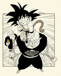 Rule 34 | 3boys, :d, antennae, artist name, bald, battle damage, beard, belt, child, chinese clothes, clenched hands, clenched teeth, commentary request, dougi, dragon ball, dragon ball (classic), dragon ball z dokkan battle, emphasis lines, facial hair, fenyon, fingernails, full body, half-closed eye, holding, holding rock, hole in chest, hole on body, index finger raised, jackie chun, looking at another, monkey tail, monochrome, multiple boys, mustache, muten roushi, old, old man, open mouth, outside border, pants, piccolo daimaou, pointy footwear, rock, sash, scuffed, sharp fingernails, shirt, shoes, simple background, sitting, sitting on person, sleeveless, sleeveless shirt, smile, son goku, spiked hair, spot color, standing, tail, teeth, torn clothes, torn pants, torn shirt, twitter username, veins, wrinkled skin, wristband