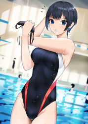Rule 34 | 1girl, black eyes, black hair, black one-piece swimsuit, breasts, commentary request, cowboy shot, doushimasho, goggles, highres, holding, holding goggles, legs together, looking at viewer, medium breasts, multicolored clothes, multicolored swimsuit, notice lines, one-piece swimsuit, original, parted lips, short hair, solo focus, standing, striped clothes, striped one-piece swimsuit, swimsuit, thigh gap, unworn goggles