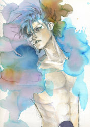 Rule 34 | 1boy, arrancar, bleach, blue eyes, blue hair, facial mark, grimmjow jaegerjaquez, male focus, mask, matching hair/eyes, number tattoo, parted lips, simple background, solo, tattoo, topless male, traditional media, upper body, white background, yue (memento1113)