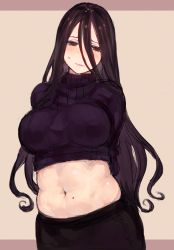 Rule 34 | 1girl, arms behind back, belly, blush, breasts, brown background, brown eyes, brown hair, c.cu, hair between eyes, large breasts, long hair, midriff, mole, mole on stomach, navel, original, plump, ribbed sweater, solo, sweatdrop, sweater, tsuyuhara miu, turtleneck, wavy mouth