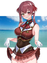 Rule 34 | 1girl, absurdres, balbal (balbal 1118), blush, breasts, cleavage, clothes lift, heterochromia, highres, hololive, houshou marine, long hair, looking at viewer, ocean, red eyes, red hair, ribbon, see-through, see-through cleavage, skirt, skirt lift, smile, solo, twintails, virtual youtuber, yellow eyes