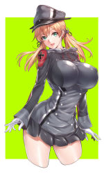Rule 34 | 10s, 1girl, anchor hair ornament, bad id, bad pixiv id, breasts, cross, gloves, green background, green eyes, hair ornament, hat, huge breasts, iron cross, kantai collection, long hair, long sleeves, looking at viewer, microskirt, military, military uniform, open mouth, orange hair, outside border, peaked cap, prinz eugen (kancolle), simple background, skirt, smile, solo, twintails, uniform, white gloves, zucchini