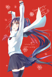 Rule 34 | 1girl, arms up, artist name, black skirt, black thighhighs, blush, commentary request, diagonal stripes, hair ribbon, happy holidays, keepout, long hair, long sleeves, neckerchief, original, pleated skirt, red background, red ribbon, ribbon, school uniform, simple background, skirt, solo, standing, striped neckerchief, striped neckwear, striped ribbon, sweater, thighhighs, thighs, uniform, very long hair, white sweater, zettai ryouiki