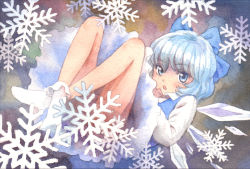 Rule 34 | 1girl, blue eyes, blue hair, blush, bow, censored, cirno, convenient censoring, dress, hair bow, ice, matching hair/eyes, misawa hiroshi, open mouth, short hair, snowflakes, solo, touhou, wings