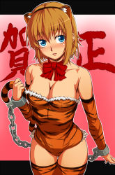 Rule 34 | 10s, 1girl, 2010, animal ears, animal print, bad id, bad pixiv id, bare shoulders, blonde hair, blue eyes, blush, breasts, chain, cleavage, cuffs, large breasts, leotard, new year, original, pirano, short hair, solo, tail, thighhighs, tiger ears, tiger print, tiger tail