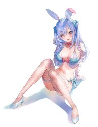 Rule 34 | 1girl, :d, absurdres, animal ears, arm support, ass, bare shoulders, bikini, bikini bottom only, blue hair, bow, bowtie, breasts, bunny day, crop top, detached collar, elbow gloves, fake animal ears, fishnet thighhighs, fishnets, frilled gloves, frills, front-tie top, full body, gloves, halterneck, halterneck, hand up, high heels, highres, large breasts, long hair, looking at viewer, mimoza (96mimo414), navel, open mouth, original, pink eyes, rabbit ears, revealing clothes, shadow, side-tie bikini bottom, simple background, sitting, sleeveless, smile, solo, stomach, swimsuit, thighhighs, two side up, white background, white footwear, white gloves