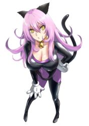 Rule 34 | 1girl, animal ears, bodysuit, breasts, cat ears, cat girl, cat tail, claws, cleavage, collar, gloves, high heels, highres, huge breasts, jing king of bandits, kirsch (jing king of bandits), large breasts, latex, latex bodysuit, long hair, looking at viewer, navel, pink hair, simple background, tail, thighs, wide hips, yellow eyes