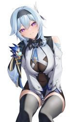 Rule 34 | 1girl, absurdres, asymmetrical hair, black hairband, blue hair, blush, breasts, covered navel, eula (genshin impact), genshin impact, hairband, hands on lap, head tilt, heart, heart-shaped pupils, highres, large breasts, light blue hair, looking at viewer, medium hair, necktie, parted lips, purple eyes, short necktie, simple background, sitting, solo, symbol-shaped pupils, terebi (shimizu1996), thighhighs, thighs, vision (genshin impact), white background
