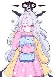 Rule 34 | 1girl, black horns, black wings, blue archive, blush, closed mouth, demon horns, demon wings, giorgio (yo sumire sola1), grey hair, halo, hina (blue archive), hina (pajamas) (blue archive), horns, long hair, long sleeves, looking at viewer, multiple horns, official alternate costume, pajamas, pillow, pink eyes, pink pajamas, polka dot, polka dot pajamas, simple background, solo, squiggle, very long hair, white background, wings