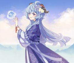 Rule 34 | 1girl, absurdres, ahoge, bad id, bad pixiv id, blue hair, blush, bug, butterfly, chinese clothes, cloud, cloudy sky, flower, ganyu (genshin impact), genshin impact, hair flower, hair ornament, hanfu, highres, horns, insect, light smile, long hair, looking at viewer, low ponytail, orb, parted lips, purple eyes, qilin (mythology), qingxin flower, ria (yfvv ria), robe, sidelocks, sky, solo, white flower