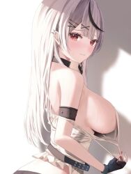 Rule 34 | 1girl, ara1e, armband, black gloves, black hair, blush, braid, breasts, camisole, choker, ear piercing, earrings, fingerless gloves, gloves, grey hair, hair ornament, hairclip, hololive, jewelry, large breasts, long hair, looking at viewer, multicolored hair, nail polish, off shoulder, piercing, red eyes, red nails, sakamata chloe, sakamata chloe (1st costume), sideboob, single braid, smile, solo, strap pull, streaked hair, sweat, upper body, virtual youtuber, white camisole, x hair ornament