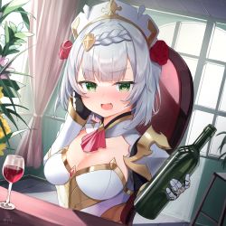 Rule 34 | 1girl, :d, absurdres, alcohol, armor, blush, bottle, braid, breastplate, breasts, cleavage, cup, drinking glass, drooling, drunk, flower, gauntlets, genshin impact, green eyes, hair flower, hair ornament, hand up, headpiece, highres, holding, holding bottle, indoors, medium breasts, noelle (genshin impact), nose blush, on chair, open mouth, pauldrons, pink flower, red flower, red rose, rose, saliva, shoulder armor, signature, silver hair, sitting, smile, solo, tsukiman, upper body, v-shaped eyebrows, window, wine, wine glass, yellow flower