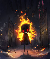 1girl burnt ceiling commentary_request door dress fire full_body hallway highres indoors lobotomy_corporation looking_at_viewer low_twintails no_pupils project_moon red_eyes scorched_girl smoke solo standing straight-on teeth twintails ukai_(negi_wolf)