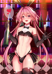 Rule 34 | 1boy, abs, absurdres, animal ears, astolfo (fate), astolfo (saber) (fate), bar (place), bare shoulders, black bow, black bowtie, black gloves, black panties, black ribbon, black shirt, black skirt, blush, bottle, bow, bowtie, bulge, collarbone, counter, crop top, cup, drinking glass, elbow gloves, fang, fate/grand order, fate (series), gloves, hair between eyes, hair bow, hair intakes, hair ribbon, heart, heart-shaped pupils, highres, long hair, looking at viewer, low twintails, male focus, male playboy bunny, multicolored hair, navel, open mouth, panties, pink hair, pleated skirt, purple eyes, rabbit ears, ribbon, shelf, shirt, skirt, smile, solo, spoken heart, streaked hair, symbol-shaped pupils, trap, twintails, underwear, white hair, wine bottle, wing collar, xue fengzi