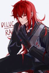 Rule 34 | 1boy, ascot, black ascot, black gloves, black pants, black shirt, character name, diluc (genshin impact), diluc (red dead of night) (genshin impact), genshin impact, gloves, hair between eyes, highres, long hair, long sleeves, male focus, multicolored clothes, multicolored gloves, pants, red eyes, red hair, shirt, simple background, solo, tuanzi43213480, vest, white background, white vest