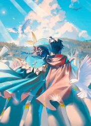 Rule 34 | 2boys, ahoge, back, beret, bird, black eyes, black hair, black pants, blue cape, blue capelet, blue hair, blue headwear, blue sky, braid, brown cape, cape, capelet, castle, christmas tree, cloud, cloudy sky, flying, forest, genshin impact, ghost, gradient hair, grass, hair ornament, hat, hat ornament, highres, hill, house, leaf, leaf hat ornament, long sleeves, looking to the side, lying, lying on person, multicolored hair, multiple boys, nameless bard (genshin impact), nature, no headwear, outdoors, pants, red scarf, sainome (imveryfinethx), scarf, scenery, short hair, sitting, sky, sunlight, tree, twin braids, venti (genshin impact), white fur, wings