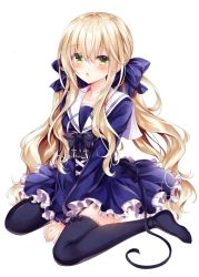Rule 34 | 1girl, :o, between legs, black bow, black bowtie, black ribbon, black thighhighs, blonde hair, blue dress, bow, bowtie, collared dress, dress, ears visible through hair, frilled dress, frills, hair between eyes, hair bow, long hair, long sleeves, looking at viewer, low twintails, no shoes, nogi takayoshi, original, parted lips, ribbon, sidelocks, simple background, sitting, solo, thighhighs, twintails, v arms, very long hair, wariza, wavy hair, white background, yellow eyes, zettai ryouiki