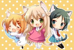 Rule 34 | 3girls, :d, ^ ^, animal ears, bad id, bad pixiv id, black hair, blue eyes, cat ears, cat tail, closed eyes, commentary request, hugging doll, dress, green eyes, hair ornament, hairclip, long hair, maa (nyanko days), multiple girls, necktie, nyanko days, hugging object, open mouth, oumi neneha, parted lips, pleated skirt, polka dot, polka dot background, purple dress, rou (nyanko days), shii (nyanko days), short hair, silver hair, skirt, smile, stuffed animal, stuffed fish, stuffed toy, suspenders, tail, thighhighs, white dress, zettai ryouiki