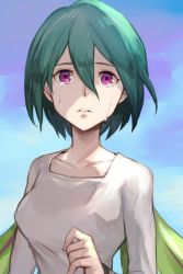 Rule 34 | 1girl, blue sky, crying, crying with eyes open, eureka (eureka seven), eureka seven, eureka seven (series), green hair, hair between eyes, hungry clicker, long sleeves, looking at viewer, outdoors, parted lips, purple eyes, shirt, short hair, sky, solo, tears, white shirt