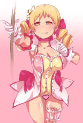 Rule 34 | 1girl, :p, :q, blonde hair, blush, bow (weapon), breasts, censored, cleavage, cosplay, cowboy shot, drawing bow, drill hair, female focus, gedou danshaku, gloves, heart, heart censor, holding, holding bow (weapon), holding weapon, kaname madoka, kaname madoka (cosplay), large breasts, magical girl, mahou shoujo madoka magica, mahou shoujo madoka magica (anime), pussy, pussy juice, sex toy, skirt, solo, sweat, thighhighs, tomoe mami, tongue, tongue out, twin drills, twintails, vibrator, vibrator in thighhighs, weapon, yellow eyes