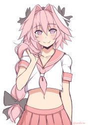Rule 34 | 1boy, adjusting hair, arm at side, astolfo (fate), astolfo (sailor paladin) (fate), black bow, blush, bow, braid, closed mouth, collarbone, fang, fang out, fate/apocrypha, fate (series), hair between eyes, hair bow, hair intakes, hand in own hair, highres, kanachirou, long hair, looking at viewer, male focus, multicolored hair, navel, neckerchief, official alternate costume, pink hair, pink neckerchief, pink skirt, pleated skirt, school uniform, serafuku, simple background, single braid, sketch, skirt, smile, solo, stomach, streaked hair, trap, twitter username, very long hair, white background, white hair