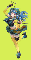 Rule 34 | 1girl, a-one, alternate costume, black footwear, black gloves, blue hair, blue shorts, crop top, dragon print, fingerless gloves, flower, frilled scarf, full body, gloves, green scarf, hair flower, hair ornament, haniyasushin keiki, head scarf, highres, jewelry, long hair, looking at viewer, magatama, magatama necklace, midriff, necklace, red eyes, scarf, shoes, shorts, smile, solo, syuri22, thighhighs, touhou, wood carving tool, yellow background, yellow thighhighs