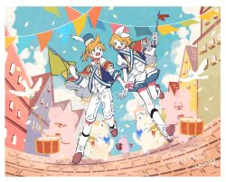 Rule 34 | 1boy, 1girl, armband, bear, bird, blonde hair, blue jacket, blue sky, border, brick road, building, cape, capri pants, cat, cloud, commentary request, drum, drumsticks, flag, hazime, highres, holding, holding baton, holding flag, instrument, jacket, kagamine len, kagamine rin, open mouth, outdoors, pants, parade, red cape, shirt, shirt partially tucked in, signature, skirt, sky, string of flags, surprised arms, vocaloid, walking, white footwear, white pants, white shirt, white skirt