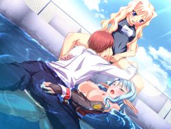 Rule 34 | 1boy, 2girls, blonde hair, blue eyes, blue hair, blush, bottomless, breasts, cleo cragganmore, clothed sex, game cg, group sex, harem party, multiple girls, penis, pool, pussy, sex, sofisutia gushigusu, swimsuit, uncensored, vaginal, water, wet