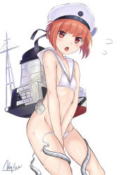 Rule 34 | 10s, 1girl, absurdres, abyssal ship, artist name, assisted exposure, bikini, brown eyes, brown hair, commentary request, covering crotch, covering privates, enemy naval mine (kancolle), flying sweatdrops, hat, highres, kantai collection, looking at viewer, machinery, nagiha kuten, navel, open mouth, sailor bikini, sailor collar, sailor hat, short hair, signature, simple background, sweat, swimsuit, tears, tentacles, untied bikini, white background, white bikini, white hat, z3 max schultz (kancolle)