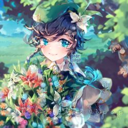 Rule 34 | 1boy, androgynous, beret, black hair, blue flower, blue hair, blurry, blurry background, bouquet, bow, braid, cape, closed mouth, cloud, cloudy sky, collared cape, collared shirt, flower, genshin impact, glowing, glowing hair, gradient hair, green eyes, green hat, hair flower, hair ornament, hat, leaf, looking at viewer, male focus, multicolored hair, red flower, shirt, short hair with long locks, sky, smile, solo, starlipop, twin braids, venti (genshin impact), white flower, white shirt