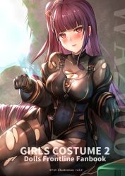 Rule 34 | 1girl, black bodysuit, black coat, black gloves, black leotard, blunt bangs, blush, bodysuit, breasts, coat, girls&#039; frontline, gloves, hair ribbon, half updo, head tilt, himonoata, large breasts, leotard, long hair, looking at viewer, off shoulder, one side up, open mouth, purple hair, red eyes, ribbon, see-through, sidelocks, sitting, skin tight, solo, strap, thigh strap, torn clothes, very long hair, wa2000 (girls&#039; frontline)