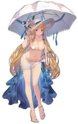 Rule 34 | 1girl, angelica (brown dust), armpit crease, artist request, bikini, blonde hair, blush, bracelet, breasts, brown dust 2, eyebrows hidden by hair, flower, full body, hand on headwear, hat, hat flower, high heels, highres, holding, holding umbrella, jewelry, large breasts, large hat, leaning forward, long hair, looking at viewer, navel, official art, open mouth, red eyes, sarong, second-party source, simple background, skindentation, solo, standing, standing on one leg, stiletto heels, stomach, sun hat, swimsuit, toes, transparent background, umbrella, very long hair, white bikini, white footwear, white hat, white sarong