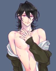 Rule 34 | 10s, 1boy, bad id, bad pixiv id, bite mark, black hair, blood, blue background, cardigan, earrings, ensemble stars!, jewelry, looking at viewer, male focus, off shoulder, red eyes, sakuma rei (ensemble stars!), simple background, smile, solo, sweat, tubuan oisii