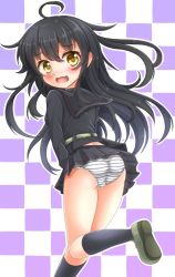 Rule 34 | 1girl, ahoge, antenna hair, ass, back, bad id, bad pixiv id, black hair, black sailor collar, black serafuku, black shirt, black skirt, black socks, blouse, blush, breasts, cameltoe, checkered background, crescent, crescent pin, embarrassed, gloves, hair between eyes, kantai collection, kneehighs, long hair, long sleeves, looking at viewer, looking back, mikazuki (kancolle), panties, sailor collar, school uniform, serafuku, shirt, sills, skirt, small breasts, socks, solo, standing, standing on one leg, striped clothes, striped panties, underwear, white gloves, yellow eyes