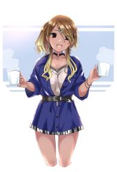 Rule 34 | 1girl, :d, black eyes, blonde hair, blue jacket, breasts, brown hair, cleavage, commentary request, cropped legs, cup, eyes visible through hair, gradient hair, grey shirt, hair ornament, hair over one eye, hairclip, highres, holding, holding cup, idolmaster, idolmaster shiny colors, izumi mei, jacket, long hair, long sleeves, looking at viewer, medium breasts, mug, multicolored hair, open clothes, open jacket, open mouth, shirt, shiwa (siwaa0419), side ponytail, smile, solo, standing, steam, swept bangs, x hair ornament