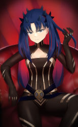 Rule 34 | &gt;:(, 1girl, bad id, bad pixiv id, belt, black bodysuit, black bow, black gloves, blue eyes, blue hair, blush, bodysuit, bow, cleavage cutout, closed mouth, clothing cutout, commentary request, covered navel, fate/grand order, fate (series), flat chest, gloves, gradient hair, hair bow, hand in own hair, highres, horns, ishtar (fate), long hair, looking at viewer, multicolored hair, nestea, pink hair, red hair, sitting, skin tight, solo, space ishtar (fate), space ishtar (first ascension) (fate), streaked hair, two side up, v-shaped eyebrows, very long hair