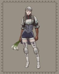 Rule 34 | 1girl, armor, boots, braid, brown gloves, elbow gloves, flower, full body, gloves, grey background, grey hair, lily (flower), long hair, looking at viewer, ravness loxaerion, shorts, simple background, solo, tactics ogre, thigh boots, thighhighs, twin braids, white footwear, windcaller