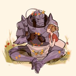 Rule 34 | 1boy, 1girl, alphonse elric, armor, commentary, crown, dress, elicia hughes, flower, full armor, full body, fullmetal alchemist, grass, head wreath, image sample, looking at viewer, lowres, pink background, simple background, sitting, tumblr sample, twintails