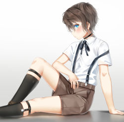 Rule 34 | 1boy, arm support, black choker, black ribbon, blouse, blue eyes, blush, brown hair, brown shorts, choker, closed mouth, collarbone, collared shirt, dress shirt, feet out of frame, from side, glint, gradient background, grey background, greyscale, hachinatsu, highres, knee up, kneehighs, legwear garter, looking at viewer, looking to the side, male focus, mole, mole under eye, monochrome, neck ribbon, original, ribbon, shirt, short sleeves, shorts, sideways glance, socks, solo, suspender shorts, suspenders, suspenders slip, white shirt, wing collar