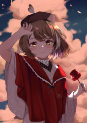 Rule 34 | 1girl, absurdres, beret, braid, braided bangs, brown eyes, brown hair, candy apple, cloud, cloudy sky, earrings, feathers, feijai, floral print, food, hat, highres, hololive, hololive english, japanese clothes, jewelry, kimono, multicolored hair, nanashi mumei, nanashi mumei (new year), official alternate costume, print kimono, red shawl, ribbon, shawl, single earring, sky, smile, solo, streaked hair, sunset, virtual youtuber, white kimono, wide sleeves