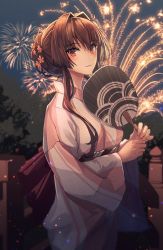Rule 34 | 1girl, aerial fireworks, blush, brown eyes, brown hair, commentary, fireworks, flower, hair between eyes, hair flower, hair ornament, hand fan, highres, japanese clothes, kantai collection, kasumi (skchkko), kimono, long hair, long sleeves, obi, paper fan, pink flower, sash, smile, solo, summer festival, uchiwa, wide sleeves, yamato (kancolle)