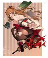 Rule 34 | 1girl, :d, arms behind back, bag, bare shoulders, black panties, blush, bound, bound arms, bow, breasts, brown pantyhose, character name, game over, game system, girls&#039; frontline, gun, hair bow, highres, long hair, looking at viewer, looking back, medium breasts, merry christmas, official alternate costume, open mouth, panties, pantyhose, piniita, pink background, red bow, red footwear, red ribbon, rfb (girls&#039; frontline), rfb (how rfb stole xmas) (girls&#039; frontline), ribbon, ring fit adventure, simple background, smile, solo, striped, stuffed animal, stuffed toy, sweatdrop, teddy bear, torn clothes, torn pantyhose, underwear, vertical stripes, very long hair, weapon