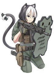 Rule 34 | 1girl, :3, animal ears, assault rifle, black hair, blue eyes, cat ears, cat girl, cat tail, closed mouth, commentary, cropped legs, english commentary, english text, explosive, glock, gloves, grenade, grey gloves, grey jacket, grey pants, gun, hair tie, handgun, highres, holding, holding gun, holding shield, holding weapon, holster, holstered, jacket, jpc, kalashnikov rifle, long sleeves, looking to the side, machine gun, medium hair, military, military operator, military uniform, multicolored hair, original, pants, pistol, ponytail, pp-19-01 vityaz, prehensile tail, rifle, shield, sleeves rolled up, smile, solo, standing, stun grenade, submachine gun, tactical clothes, tail, two-tone hair, uniform, weapon, weapon request, white hair