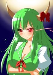 Rule 34 | &gt;:), 1girl, absurdres, arm grab, blush, breast hold, breasts, cleavage, collarbone, ex-keine, female focus, glowing, glowing eyes, highres, horns, kamishirasawa keine, large breasts, long hair, looking at viewer, moon, night, ototachibana rai, otsutachibana kaminari, outdoors, red eyes, shirt, sky, solo, taut clothes, taut shirt, touhou, upper body, v-shaped eyebrows, very long hair