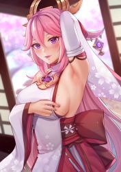 Rule 34 | 1girl, arm up, armpits, blouse, blurry, blurry background, blush, breasts, closed mouth, commentary, depth of field, detached sleeves, fino ko, gem, genshin impact, hair between eyes, hair ornament, highres, indoors, japanese clothes, kimono, large breasts, long hair, looking at viewer, miko, pink hair, pink lips, presenting armpit, purple eyes, shirt, sideboob, smile, solo, sweat, upper body, very long hair, white shirt, wide sleeves, yae miko