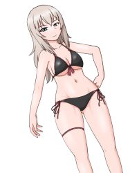 Rule 34 | 1girl, bikini, black bikini, blue eyes, blush, breasts, cleavage, closed mouth, commentary, dutch angle, front-tie bikini top, front-tie top, girls und panzer, grey hair, half-closed eyes, hand on own hip, itsumi erika, looking at viewer, medium breasts, medium hair, navel, side-tie bikini bottom, simple background, smile, solo, standing, swimsuit, thigh strap, white background, yass hero