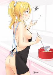 Rule 34 | 10s, 1girl, apron, ass, ayase eli, blonde hair, blue eyes, breasts, flat ass, from side, ladle, long hair, love live!, love live! school idol project, medium breasts, naked apron, natsu (natume0504), ponytail, pot, profile, scrunchie, sideboob, solo, squiggle, tongue, tongue out, twitter username
