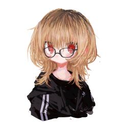 Rule 34 | 1girl, black-framed eyewear, black hair, black jacket, black shirt, blush, brown hair, closed mouth, cropped torso, glasses, hair between eyes, highres, jacket, light brown hair, long hair, looking at viewer, multicolored hair, open mouth, original, red eyes, reitoubeef, shirt, simple background, solo, upper body, white background